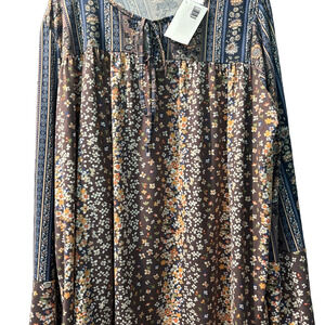 NWT Brown and Cream Long Sleeve Tie Front Blouse